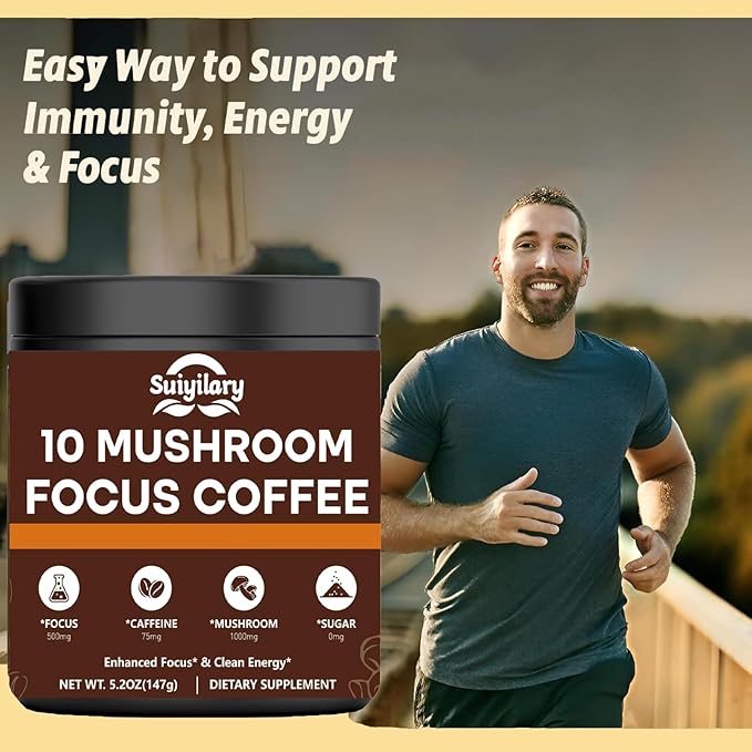Mushroom Coffee with Focus, 10 Mushroom Extract Powder Blend Lion's Mane, Brain Supplements with Instant Coffee for Energy, Focus, Memory and Immunity 147g 21 Serving