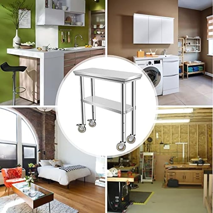 Stainless Steel Table - Metal Table Cart - Commercial Workbench with Caster Wheel - NSF Certified - for Restaurant, Warehouse, Home, Kitchen, Garage,30''x12''