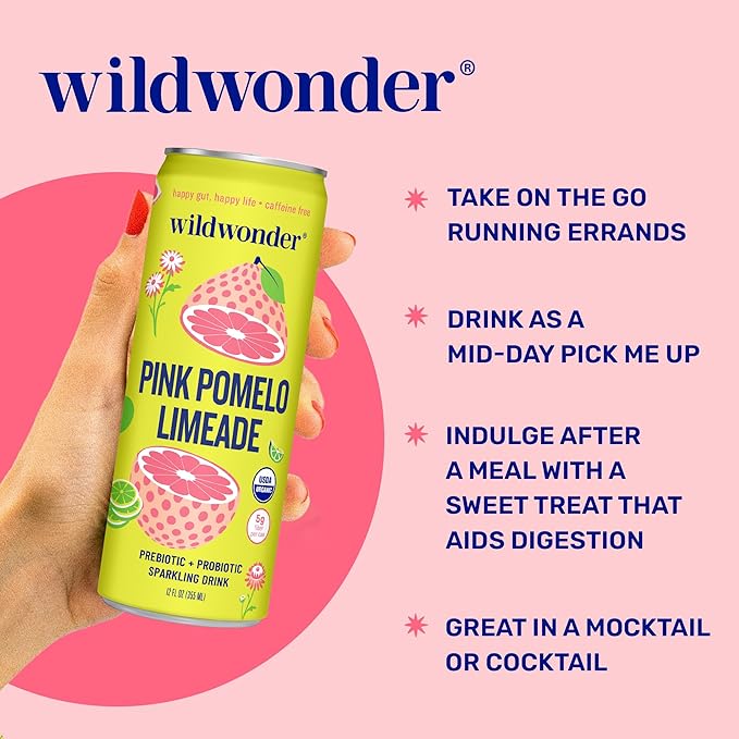 Wildwonder Sparkling Probiotic Drink, Pink Pomelo Limeade, Gluten Free, Vegan, Canned Soda with 5g of Prebiotic Fiber for Digestive & Immune Support, Low Sugar, Caffeine Free, 12 FL OZ Cans, 12 Pack