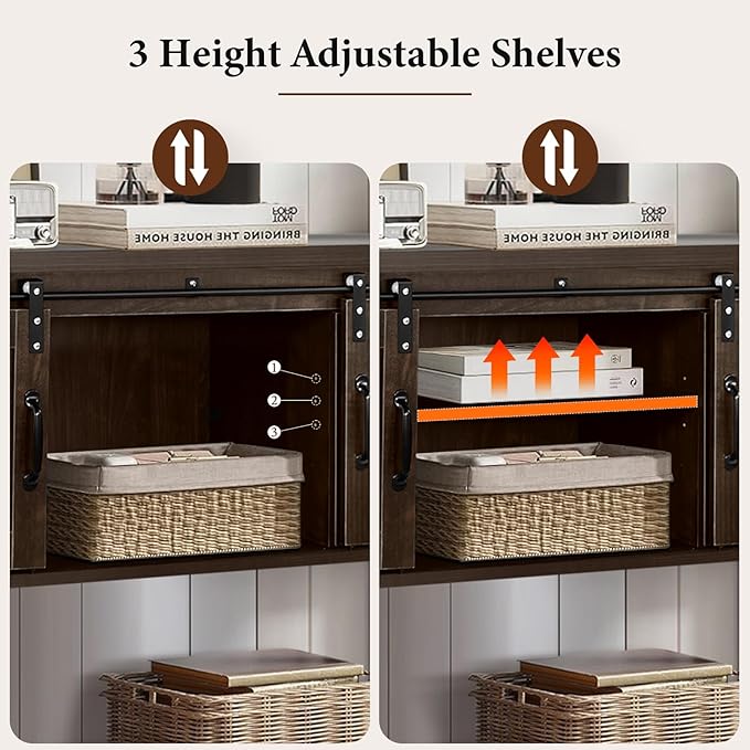 4ever2buy Farmhouse Coffee Bar Cabinet with Storage, 47'' Coffee Bar Table with Sliding Barn Door, Buffet Cabinet with Metal Mesh Doors, Console Table with Bottom Open Shelf, Brown
