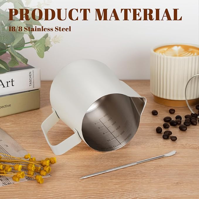 Milk Frothing Pitcher, 12oz Milk Frother Cup with Clear Scale, 304 Stainless Steel Cappuccino Espresso Machine Accessories for Barista Coffee Bar with Latte Art Pen, White