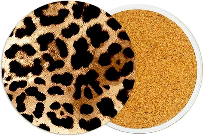 2Pack Leopard Print Ceramic Coasters Absorbent Coasters for Drinks with Cork Base,Cheetah Coaster for Table Office Desk Decor Coffee Wine Cup Mat 3.9 Inch,Leopard Gifts for Women,Men