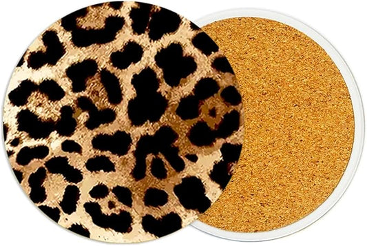 2Pack Leopard Print Ceramic Coasters Absorbent Coasters for Drinks with Cork Base,Cheetah Coaster for Table Office Desk Decor Coffee Wine Cup Mat 3.9 Inch,Leopard Gifts for Women,Men