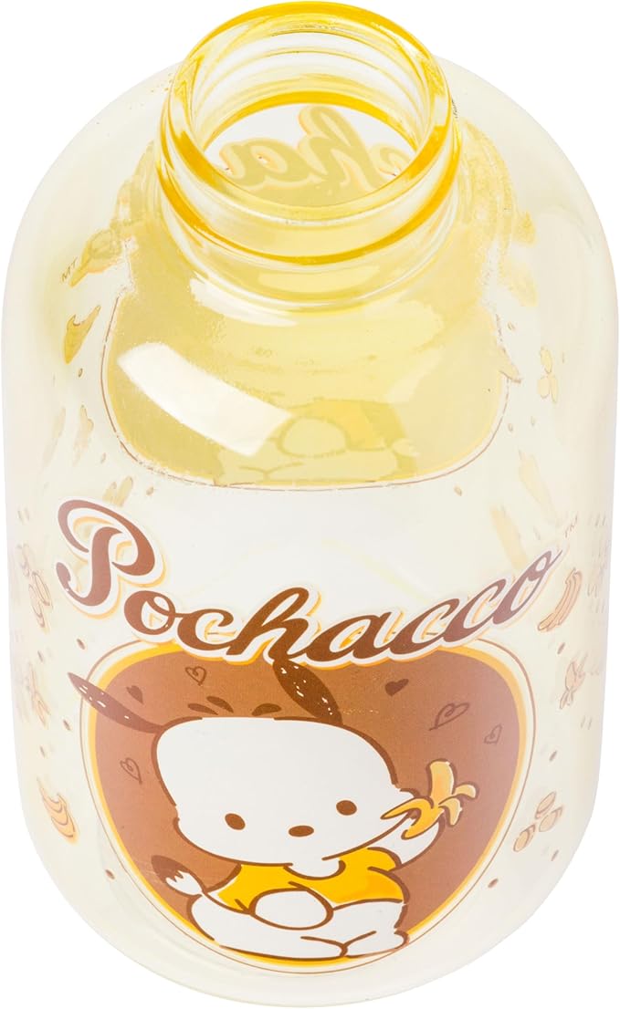 Silver Buffalo Sanrio Hello Kitty and Friends Featuring Pochacco Bananas Glass Milk Bottle with Straw, 15 Ounces