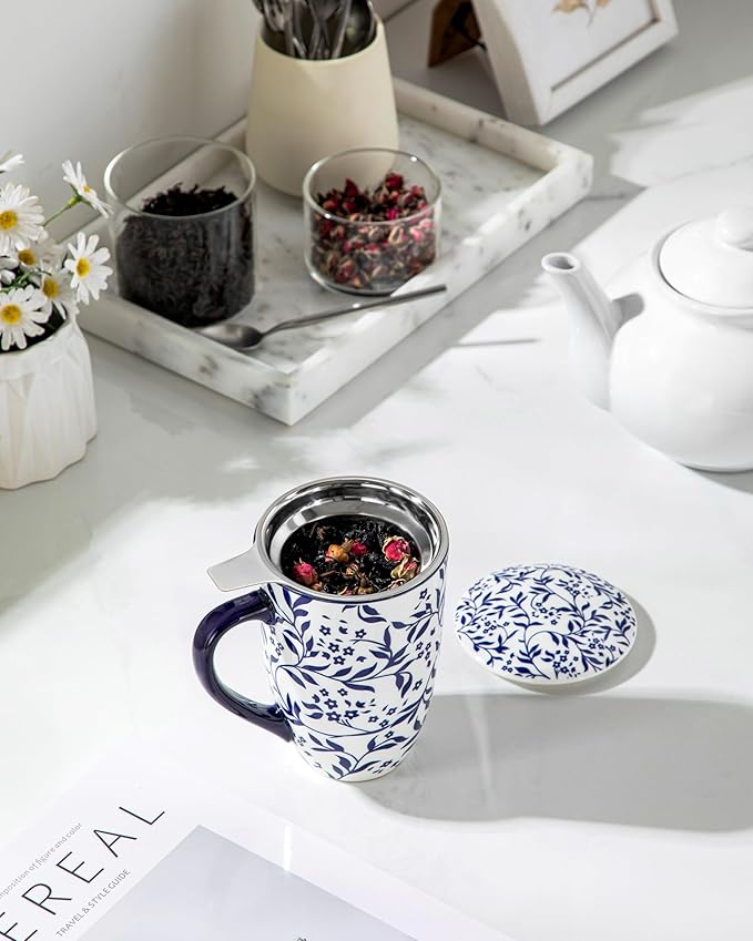 vancasso SELENE Porcelain Tea Mug, 18 oz Porcelain Tea Cup with Infuser and Lid Steeps Loose Leaf Tea, Microwave & Dishwasher Safe, Delicate Floral