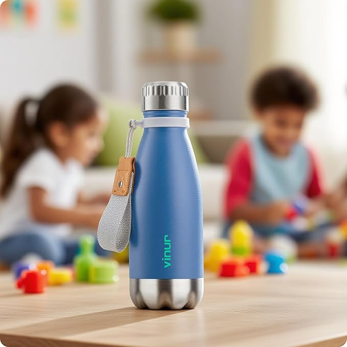 VINUR Kids Water Bottle-12 oz Stainless Steel Double Wall Vacuum Insulated Water Bottle for School-Cola Shape Flask with Carry Rope(Royal Blue)