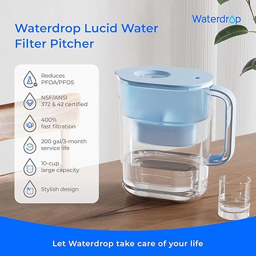 Waterdrop Water Filter Pitcher with 1 Filter, 200-Gallon Long-Life, 10-Cup Large Water Filter Pitcher, Improved Coffee & Tea Taste, NSF Certified, 5X Times Lifetime, Reduces PFOA/PFOS, Chlorine, Blue