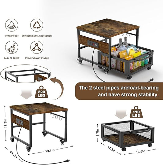 Mini Fridge Stand with Storage and Wheels, Heavy Duty Mini Fridge Table with Power Outlets for 220LBS Refrigerator, Rolling Fridge Cart with Large Capacity Drawer for Dorm,Office,Bedroom (Retro Brown)