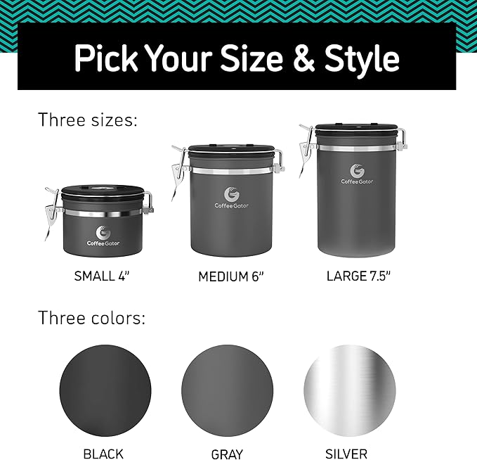 Coffee Gator Coffee Canister, 22oz Airtight Stainless Steel Kitchen Food Storage Container with Date-Tracker, CO2-Release Valve and Scoop for Beans, Grounds, Sugar, Cookies Jars, Tea, Cereal - Gray