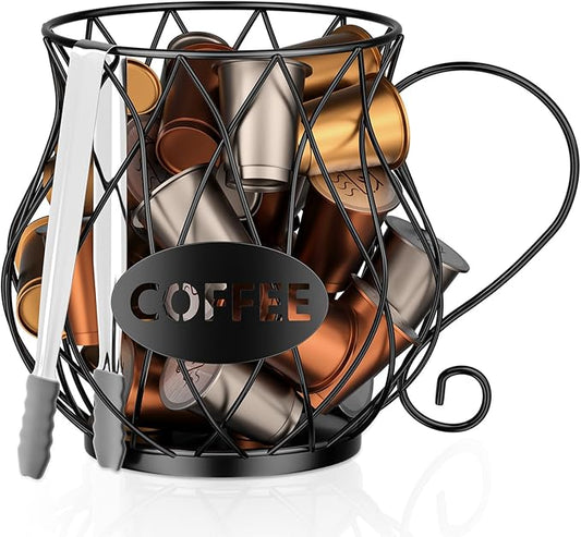 Uniclife K Cup Holder with Ice Tongs, Large Capacity Coffee Pod Holder for 10-30 Capsules, Metal Wire K Cup Organizer Coffee Pod Organizer, Storage Basket for Kitchen Office Accessories