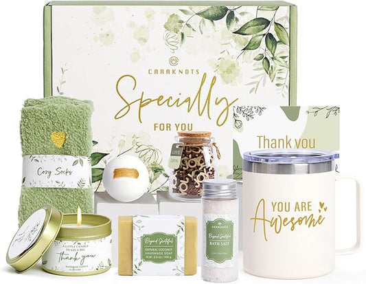 CARAKNOTS Thank You Gifts for Women, Appreciation Gifts for Teacher Employee Sage Green Gift Basket with 12oz Mug with Handle, Relief Joy Jar Spa Set Box for Coworker Female Friends Christmas Birthday