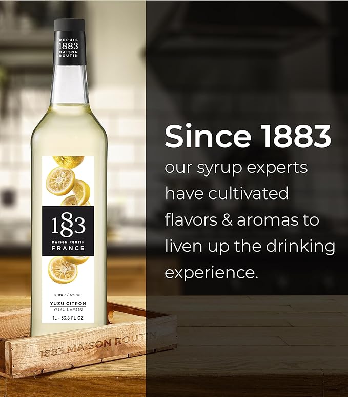1883 Yuzu Lemon Syrup for Drinks, Made in France, 1 Liter Glass Bottle