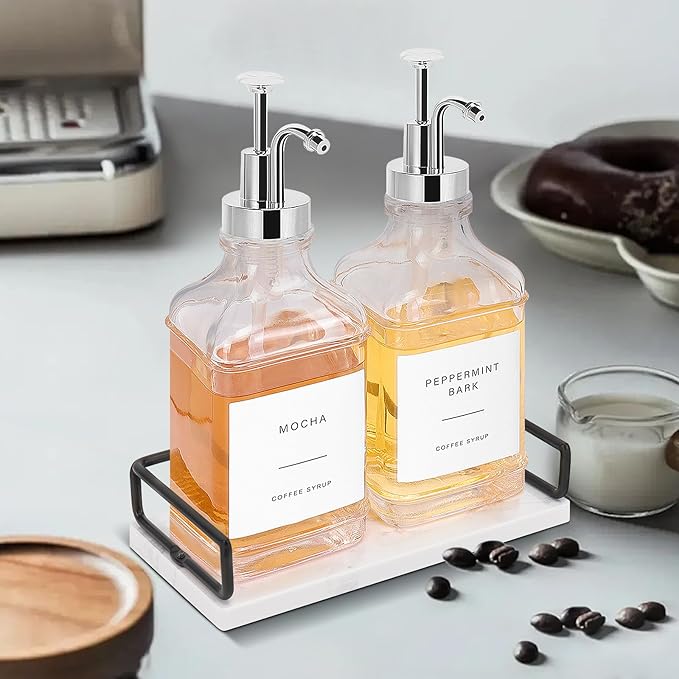 BathAce Coffee Syrup Dispenser for Coffee Bar, Clear Glass Syrup Bottles with Pump, Refillable Maple Syrup Storage, Coffee Station Accessories and Organizer, 500ml, Set of 2 + Tray (Chrome Finish)