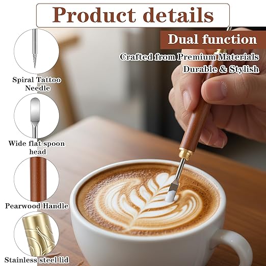 2pcs Coffee Art Pen, Stainless Steel Latte Art Tools with Lid, Lattes Pen with Wood Handle, Dual-Head Design, for Creating Professional Espresso Tools, Home, Travel, Cafe Use