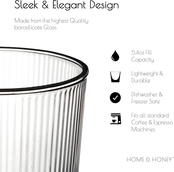 HOME & HONEY Double-Walled Insulated Glass Espresso Cups, Set of 2, 5.4oz Capacity, Fluted Borosilicate Glass