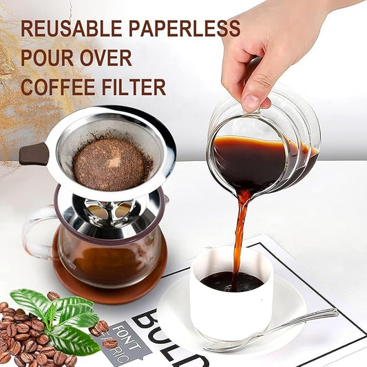 Pour Over Coffee Dripper, Stainless Steel Coffee Filter, Paperless Reusable Coffee Filter, Double mesh 600 Micro Strainer Coffee Maker with Heat-Resistant Silicone Handle & Base & Cleaning Brush