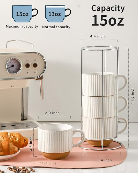 HASENSE 15oz Coffee Mug Set of 4 - Stackable Ceramic Mugs with Holder - White & Light Brown Coffe Cups Set for Cappuccino, Tea, Hot Cocoa, Drinks - Wedding & Housewarming Gifts, Everyday Use