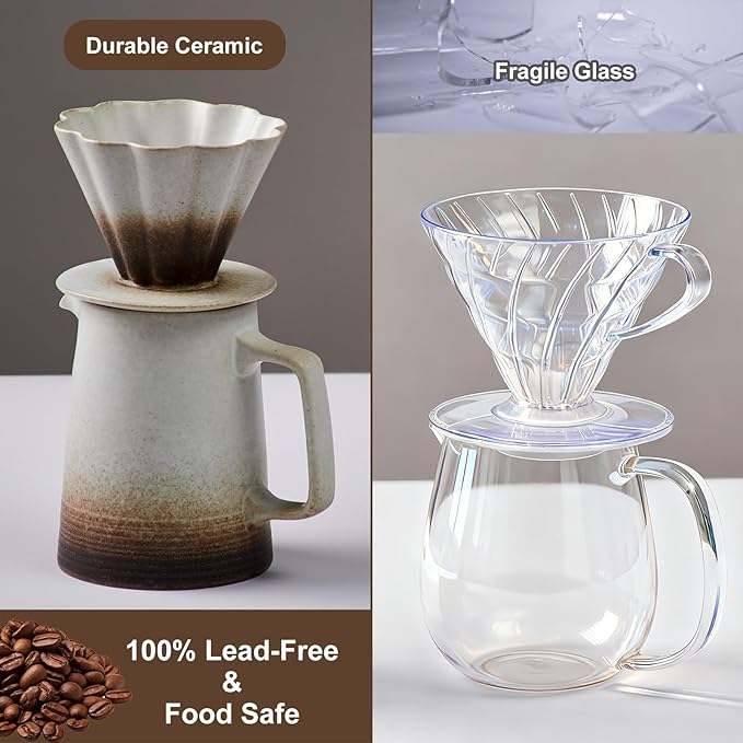 Pour Over Coffee Maker, Ceramic Coffee Dripper with 40pcs V02 Paper Filter & Coaster, 18.2oz/540ml Flower Shape Pour Over Coffee Filter set (Brown Gradient Set)