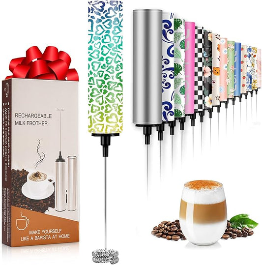 Milk Frother Handheld Rechargeable - 2-Speed Electric Whisk with 5 Detachable Heads (Frother/Mixer/Whisk) for Coffee, Latte, Cappuccino & Matcha, Drink Mixer (Flower 5)