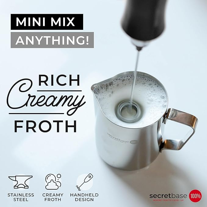 Secretbase Handheld Rechargeable Milk Frother - 3 Speed, USB-C Charging - Stainless Steel Double Whisk for Bulletproof Coffee, Espresso Whipper, Mini Electric Stirrer (Black Frother without Pitcher)