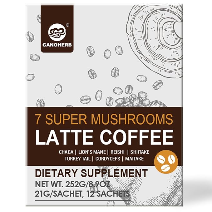 7 in 1 Mushroom Coffee Mix, Instant Latte Coffee Blend Nootropic Cafe Complex with Reishi, Lion’s Mane, Chaga, Turkey Tail, Maitake, Cordyceps for Energy Focus Immune Boost (12 Servings)