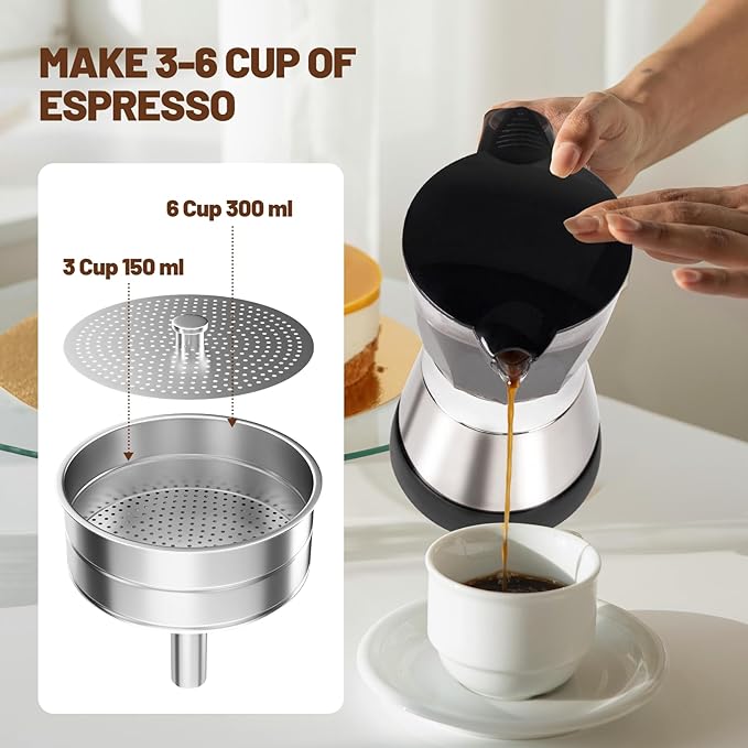 Electric Moka Pot 6 Cup 300ml Plastic Transparent Stovetop Espresso Maker Portable Stainless Steel Mocha Pot Percolator Italian Coffee Makers Greca Machine Cafe Classic for Home Camping