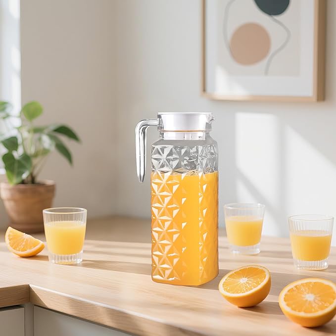 2 Pack 1.1L Plastic Jugs with Lid and Handle, Acrylic Juice Jug, Transparent Fridge Water Pitcher, Unbreakable, Easy to Clearn Water Jug for Iced Tea, Lemonade, Cold or Hot