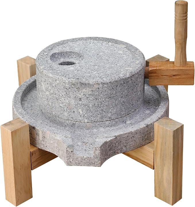 Artisanal Natural Stone Grain Mill (Solid Wood Base) - Household Grinder for Wheat/Spices & Coffee Beans, Ideal for Breads & Tortillas (9.84x13.8Inches)