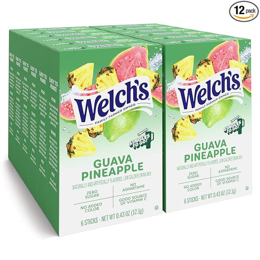Welch's Singles To Go Water Drink Mix - Powder Sticks, 12 Boxes with 6 Packets Each - 72 Total Servings, Guava Pineapple, Pack of 12
