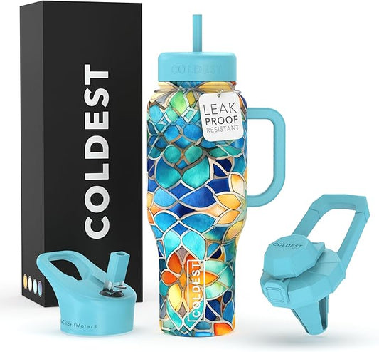 Coldest Tumbler with Handle and Straw, 100% Leak Proof Insulated Tumbler with Lid and Straw (3 Lids), Stainless Steel Tumblers for Women & Men, Cup Holder Friendly, 36 oz (Morrocan Vibes)