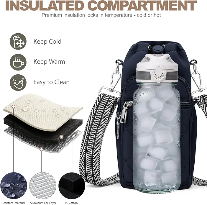 Water Bottle Carrier Bag with Strap, Water Bottle Purse with Phone Pocket 40oz for Walking Hiking