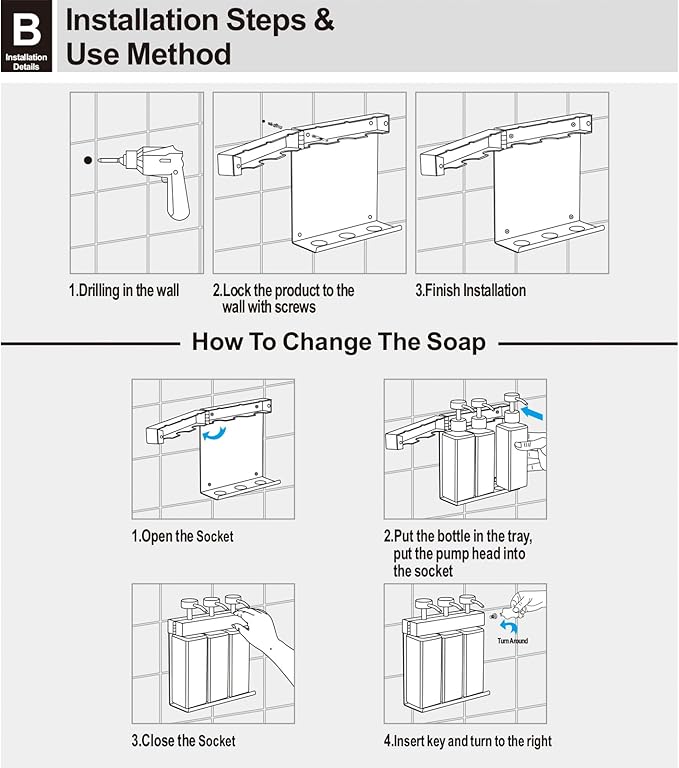 Shampoo, Conditioner, Body Wash Dispenser 2 Compartment Refillable Pump Bottle, Bathroom Wall Mounted Soap Dispenser Empty Bottle Dispenser Set (2 Compartments)