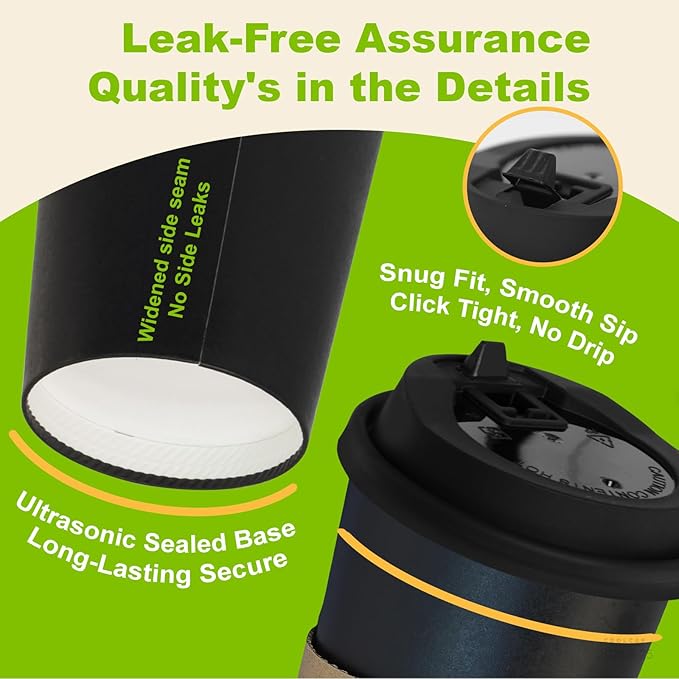 12 oz PLA Black Eco Friendly Cups 100 Packs Sustainable Plant Based Leak Resistant for Cafes Offices Events