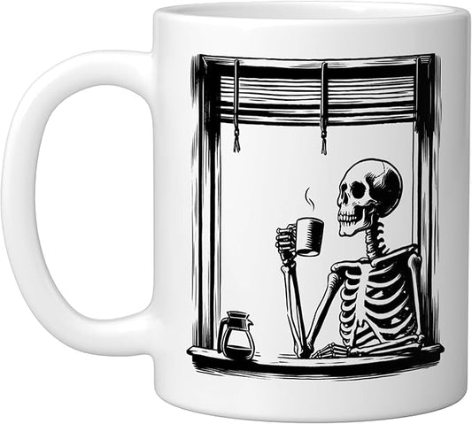 Skeleton Drinking Coffee - Minimalist Graphic Coffee Lover Ceramic Mug, White