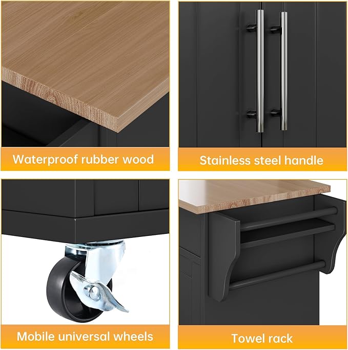Kitchen Storage Island, Wooden Rolling Kitchen Island On Wheels with Countertop, Mobile Kitchen Island Cart with Towel Rack, Spice Rack and Drawers, Black