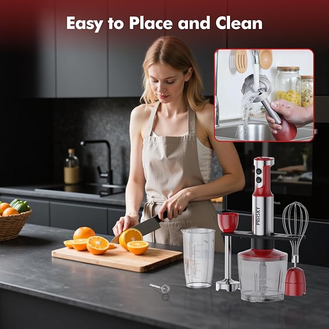 Immersion Blender Handheld Hand Blenders, 20 Speed & Turbo Mode Hand Held Blender, Heaviest Duty Copper Motor, Stainless Steel Blades, Milk Frother Wand, Whisk, 600ml Beaker, 500ml Chopper (Red)