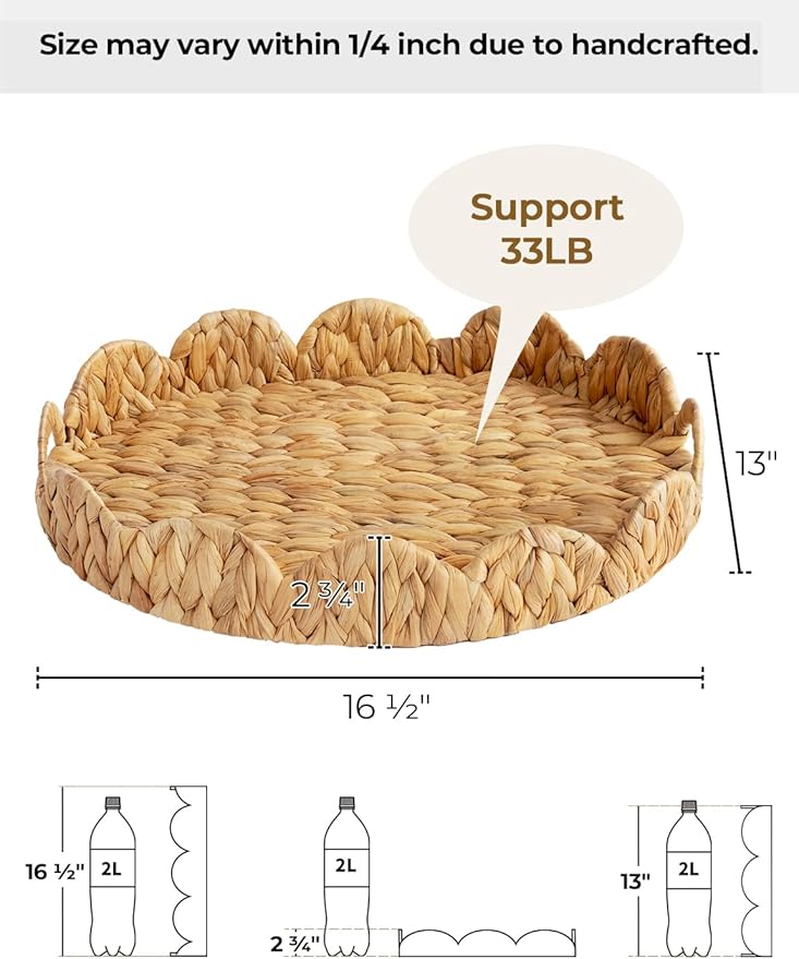 StorageWorks Elliptical Wicker Scalloped Tray, Rattan Serving Trays with Handles, Water Hyacinth Basket for Decorative & Organizing, 16.5" L x 13" W x 2.8" H