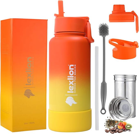 Lexlion Tea Infuser Water Bottle 32 Oz – Triple Wall Insulated Stainless Steel, Loose Leaf & Fruit Strainer, 3 Leakproof Lids, BPA-Free Silicone Sleeve, Reusable Thermal Mug
