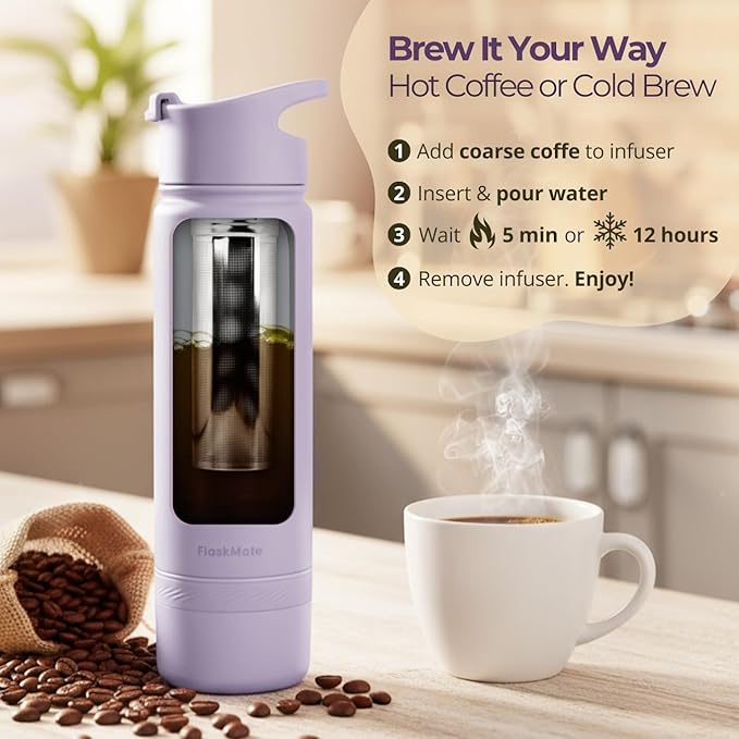 Tea Infuser Bottle & Cold Brew Travel Bottle – 18oz Insulated Flask with Storage, Filter & Dual Lids – For Work, Wellness & Gym – FLASKMATE All-in-One System (Mystic Lilac)