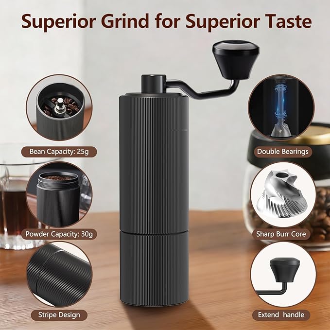 Manual Coffee Grinder, Manual Burr Coffee Grinder Capacity 25g with CNC Stainless Steel Conical Burr, Internal Adjustable Setting, Hand Coffee Grinder for Espresso, Pour Over, French Press, Moka.