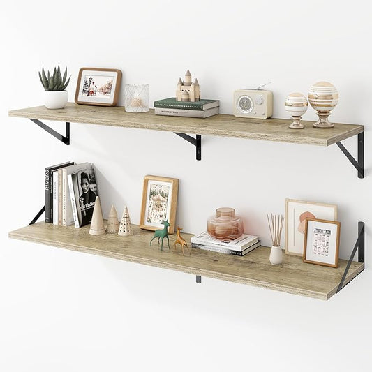 Deep Floating Shelves Wall Mounted, 48"x12" Gray Wall Shelves with Brackets Set of 2 for Bedroom, Living Room, Bathroom, Kitchen, Office - Storage & Display Shelf for Decor, Books, Plants