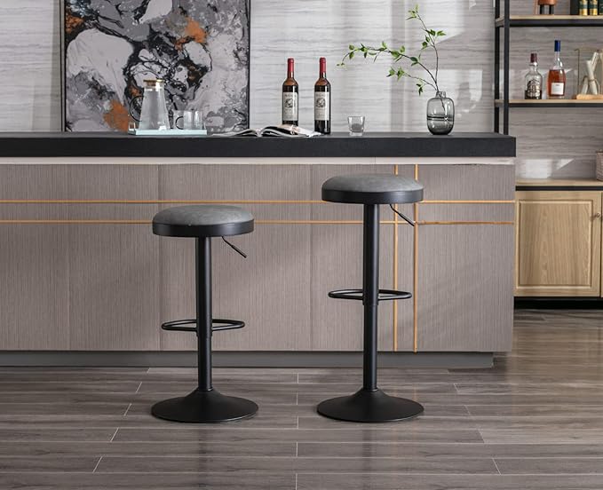 Round Swivel Counter Height Bar Stools Set of 3 Modern Adjustable Barstools Backless PU Leather Bar Chairs Industrial Island Chairs with Metal Base/Footrest for Kitchen Island/Pub/Bar, Grey