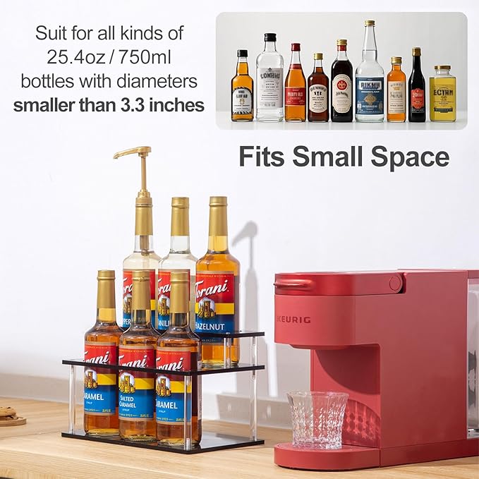 ODPEOZT Acrylic Coffee Syrup Organizer, 2 Tier Coffee Syrup Rack (6 Bottle Capacity), Syrup Bottle Holder Stand for Coffee Bar, Kitchen Countertop Syrups, Condiments and Wine (Black)