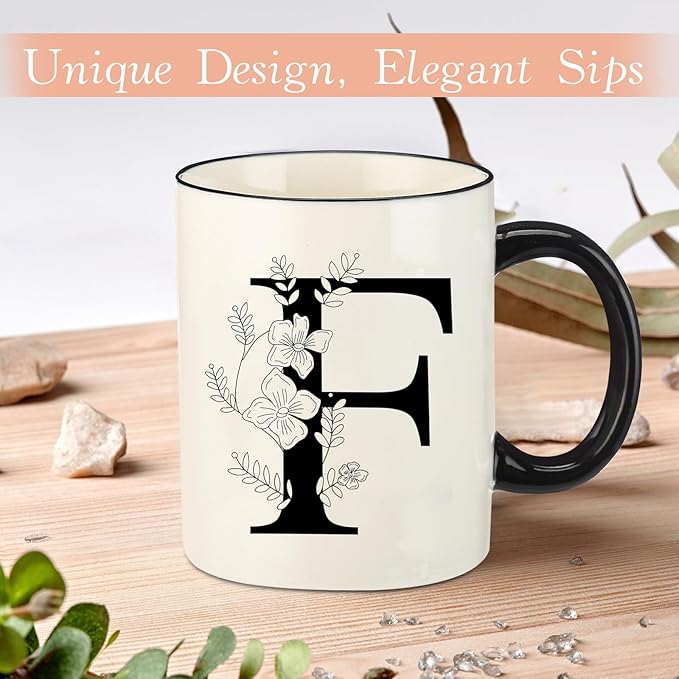 Monogram Ceramic Coffee Mugs, 11 oz Initial Drinking Cup with Gift Box, Unique Birthday Christmas Gifts for Women Wife Mothers Day Grandma Mom Aunt, F