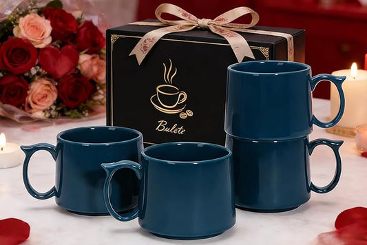 Coffee Mugs Gift Set of 4, Large 19 oz Stackable Ceramic Coffee Mug, Coffee Cups with Large Handle for Latte, Cappuccino, Milk, Dishwasher & Microwave Safe, Ideal Gift for Men, Women - Blue
