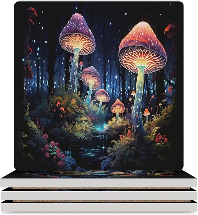 Square-4PCS Botanical Ceramic Coasters, Square Absorbent Drink Coasters, Fantasy Colorful Cartoon Style Abstract Mushroom Print Ceramic Table Coasters for Coffee, Beverage, Wine, Beer Coasters