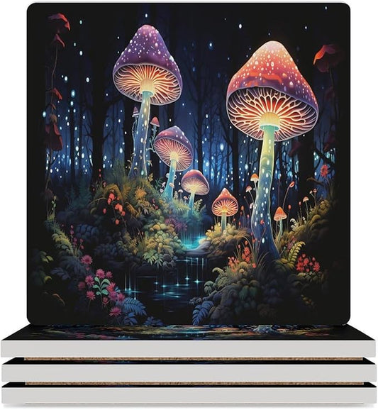 Square-4PCS Botanical Ceramic Coasters, Square Absorbent Drink Coasters, Fantasy Colorful Cartoon Style Abstract Mushroom Print Ceramic Table Coasters for Coffee, Beverage, Wine, Beer Coasters
