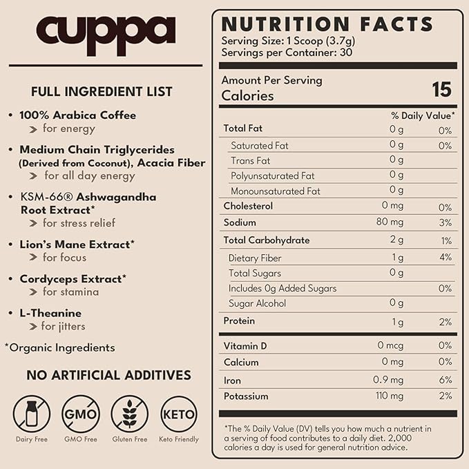 Cuppa Medium Roast Mushroom Coffee with Adaptogens & Superfoods - Lion’s Mane, Ashwagandha & Cordyceps. Adaptogens + MCT to support natural energy, mental focus & gut health (30 Servings)