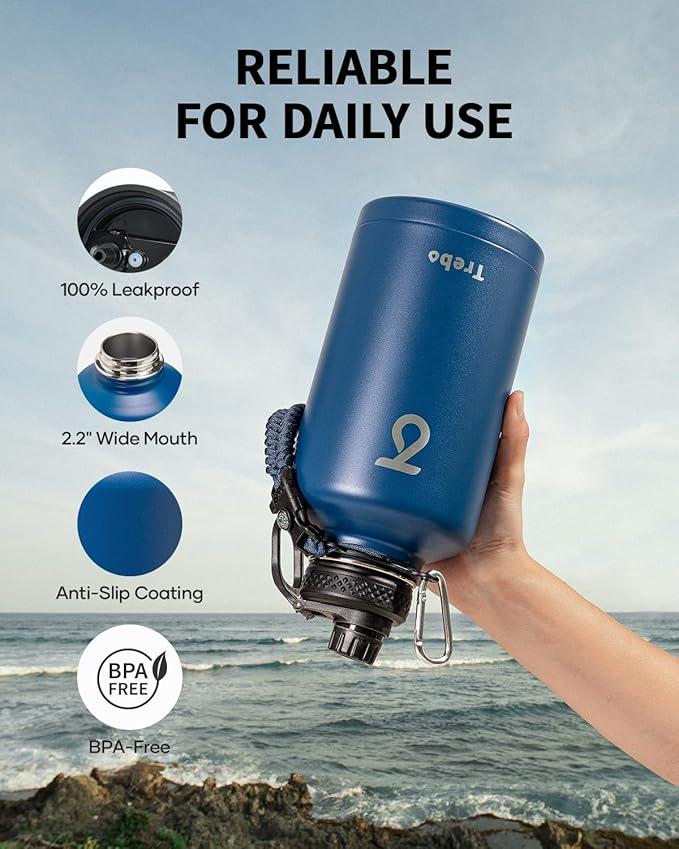 Trebo Water Bottle 64oz with Paracord Handle, Half Gallon Large Vacuum Double Wall Stainless Steel Insulated Water Jug with Holder Strap Straw Spout Lids, Leakproof Keep Cold & Hot,Classic Blue