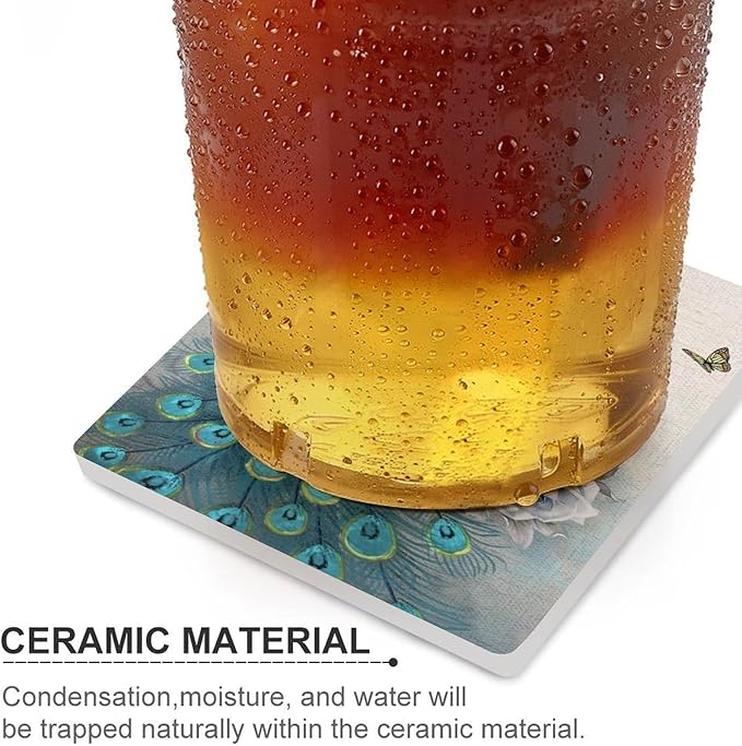 Peacock Drink Coasters, Square Ceramic Drink Coaster Square-6PCS, Vintage Tree Branch Beautiful Teal Peacock Floral Decor Absorbent Ceramic Coasters for Beverage Cup, Bar, Coffee Table